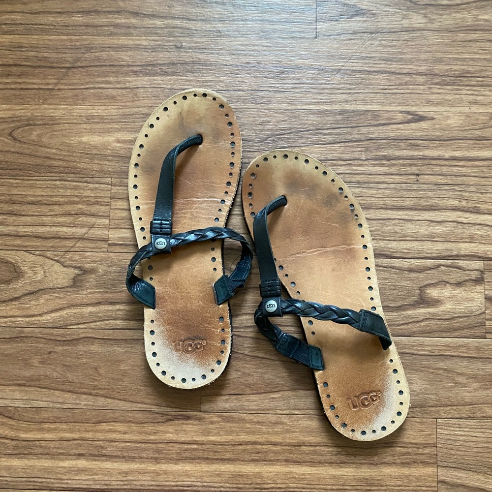 UGG Black and Tan Sandals with Slip-On Design